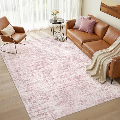 Nakagishi 5X7 Abstract Washable Area Rugs for Living Room-Pink | Modern Non-Slip Silicone Backing Low Pile Soft Carpet for Bedroom Dining Decor Ideal for Families with Kids and Pets - color: Pink, size: 5' x 7' (Rectangular)