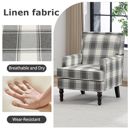 Accent Chair, Plaid Gingham Comfy Cozy Modern Accent Chairs | Mid-Century Upholstered Lounge Arm Chair with Solid Wood Frame for Living Room/Bedroom-Gray Plaid - color: Sackcloth-gray Plaid(s001)