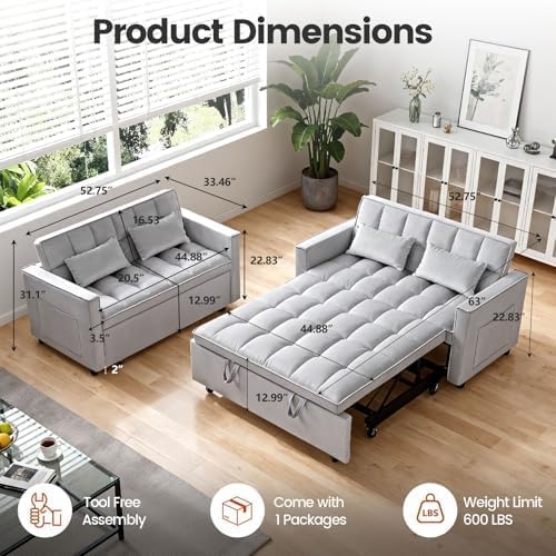 Sleeper Sofa Bed with Adjustable Backrest & Side Pockets, Gray | Adjustable Backrest & Side Pockets,Pull Out Sofa,Comfortable Fabric - color: S-light Gray-gw