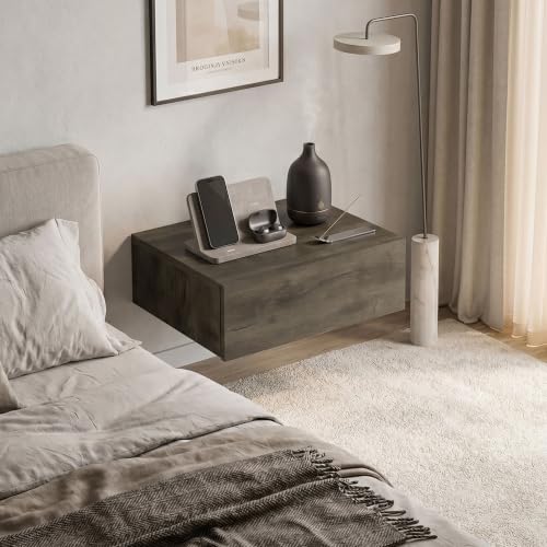 FM FURNITURE Vienna Modern Floating Nightstand with Drawer & Shelf, Wall Mounted Bedside Table for Bedroom Organization, Brown - color: Dark Brown
