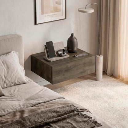 FM FURNITURE Vienna Modern Floating Nightstand with Drawer & Shelf, Wall Mounted Bedside Table for Bedroom Organization, Brown - color: Dark Brown