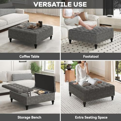 35" Ottoman Coffee Table, Storage Ottoman, Gray | Tufted Upholstered Coffee Table with Lift Top & Solid Wood Legs, Living Room