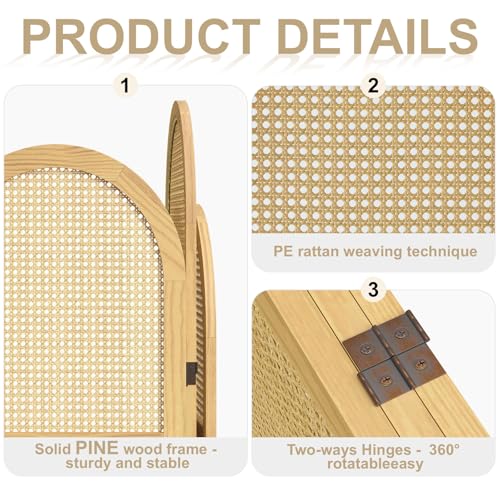 3-Panel Hand-Woven Rattan Room Divider, Tall Foldable Privacy Screen with Wooden Frame - Freestanding Portable Partition for Home Office, Bedroom, Bathroom(Natural-Wave) - color: Natural-wave