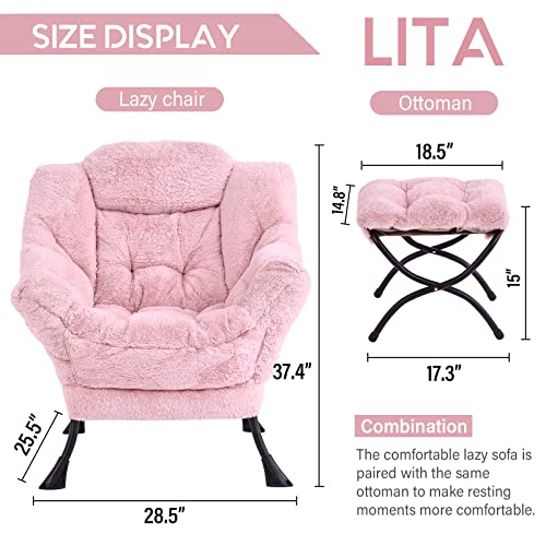Lazy Chair with Ottoman, Comfy Accent Reading Chair, Plush Pink | Foldable Footrest,Removable Cover,with Armrests and Side Pockets,Upholstered Lounge Chair for Bedroom,Dorm,Office,Small Space - color: Plush Pink