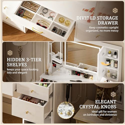 COMHOMA Vanity Desk with 3 Way Mirror and Lights, Large Makeup Vanity Table Set with Charging Station, 3 Lighting Modes & 360° View Mirror, 7 Drawers Dressing Table for Women Girls Bedroom, White - size: 7 Drawers
