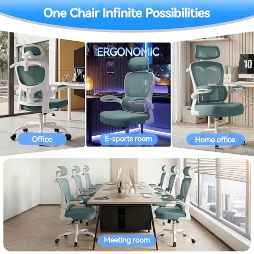 Office Chair Ergonomic Desk Chairs with Adjustable Lumbar Support& Headrest Hanger, High Back Breathable Mesh Chair with Wheels, Rolling Swivel Comfy Task Computer Chair for Home Work Gaming - color: Aqua