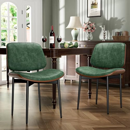 YaFiti Mid Century Dining Chairs Set of 2 with Walnut Bentwood, Green | Ergonomic Walnut Backrest, Upholstered Waterproof PU Leather Seat, Stable Metal Legs, Adjustable Footpads, Apartment Friendly - color: Green Scallop