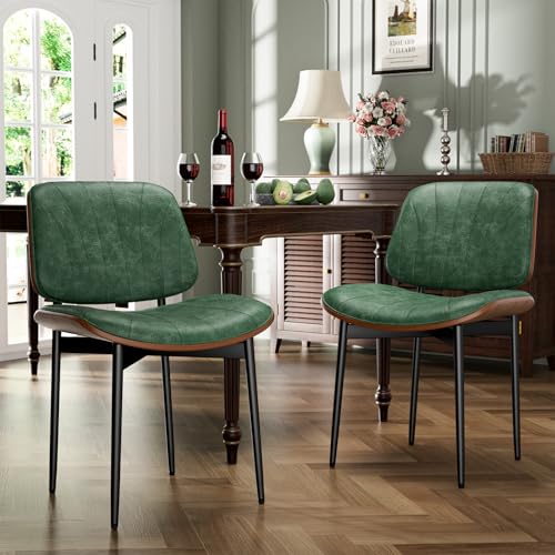 YaFiti Mid Century Dining Chairs Set of 2 with Walnut Bentwood, Green | Ergonomic Walnut Backrest, Upholstered Waterproof PU Leather Seat, Stable Metal Legs, Adjustable Footpads, Apartment Friendly - color: Green Scallop