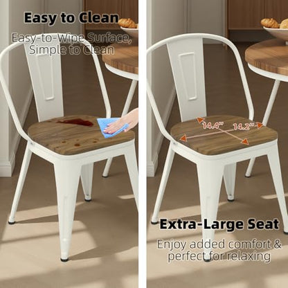 18 Inch White Dining Chairs Set of 4, Farmhouse Metal Chairs with High Back and Wooden Seat, Stackable Industrial Bar stools for Dining Room (White) - color: White