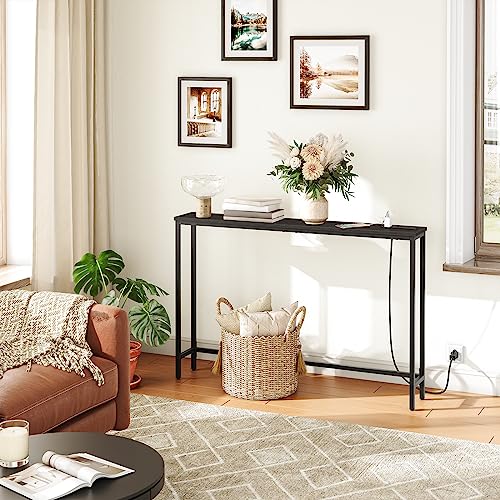 HOOBRO 47.2" Narrow Console Table with Power Outlet, 5.9" Behind Couch Table with Charging Station, Long Sofa Side Table, Skinny Entryway Table for Living Room, Hallway, Foyer, Black BB15XG01G1 - color: Black, size: 47.2"L x 5.9"W x 31.5"H