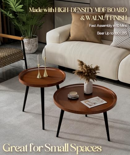 2-Piece Walnut Coffee Table,Durable Mid Century Small Round Coffee Tables for Living Room,Easy Assembly Modern Nesting Coffee Tables Set,Circle Side Tables for Sofa Bedside Balcony - color: Walnut