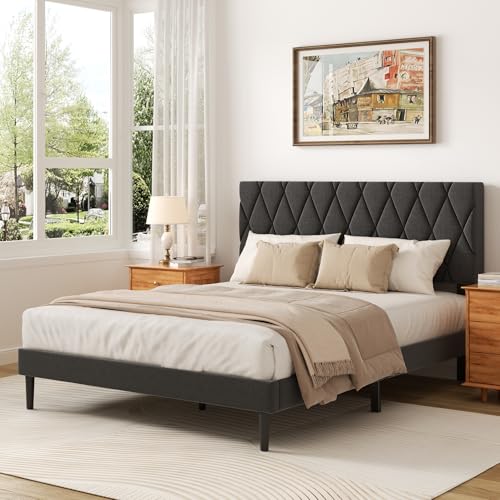 CXVX Queen Size Bed Frame with Diamond Tufted Headboard, Linen Upholstered Platform Bed and Wooden Slat Support, Noise-Free, No Box Spring Needed, Easy Assembly, Dark Grey - color: Dark Grey, size: Queen