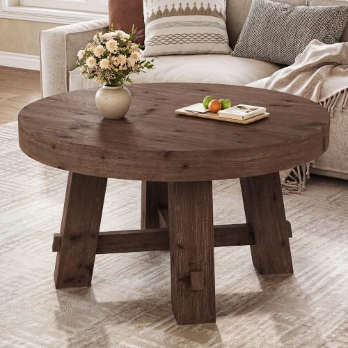 31.5-Inch Round Coffee Table, Solid Wood Center Table with Thickened Tabletop for Living Room, Apartment, Small Space, Brown - color: Walnut Brown