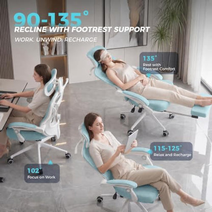 CYKOV Ergonomic Office Chair, Reclining, Footrest, Adjustable Lumbar, 350LB | 4-Way Headrest (4.72" + 60°), 2-Way Lumbar (2" + 1.18"), 90-135° Recline, Breathable Mesh, Gaming & Office, 5-Year Warranty - color: W-blue