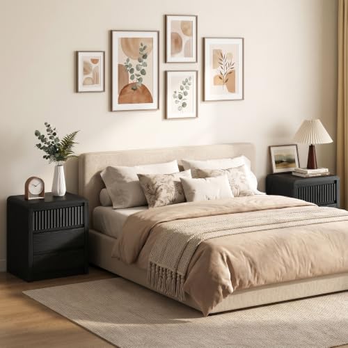 LYNSOM Fluted Nightstand Set of 2, Wood End Table with 3 Drawer, Black | Mid Century Modern Night Stand with Stoarge, Bedside Table with Curved Profile Design for Living Room, Office, 20" W - color: Black, size: 3 Drawers