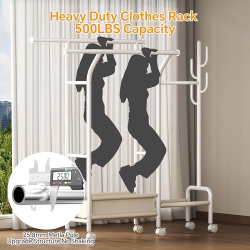 Homeiju Heavy Duty Clothes Rack Load 500LBS, Three Rods Clothing Racks for Hanging Clothes Extendable, Rolling Garment Rack with Sturdy Wheels, Basket, Storage Shelves, White - color: White
