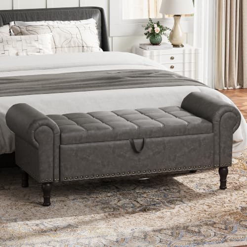 YOUDENOVA Ottoman with Storage, 51" End of Bed Bench with Rolled Arms, Upholstered Storage Bench with Vintage Rivets for Bedroom, Living Room, Entryway, Gray - color: Grey, size: 51 Inches