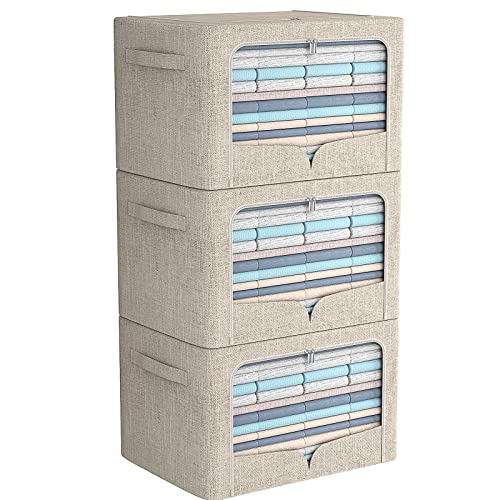FHSQX 3 Pack Clothes Storage Bins - Foldable Metal Frame Storage Box - Stackable Linen Fabric Container Organizer Set with Carrying Handles and Clear Window (Beige, 19.7x15.7x13inch(66L)) - color: Beige, size: 19.7x15.7x13inch(66L)