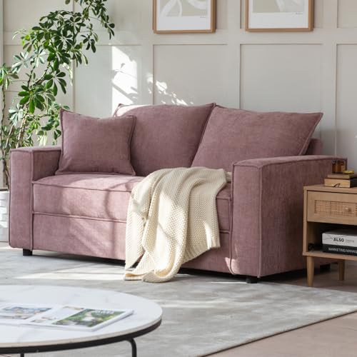 YUHUASHI Linen Fabric Loveseat Sofa, Modern Upholstered 2-Seater Couch with Square Arms and Throw Pillow, Sturdy Small Space Sofa Furniture for Living Room Bedroom Apartment (Pink, 65 Inch W) - color: Pink, size: 65 Inch W