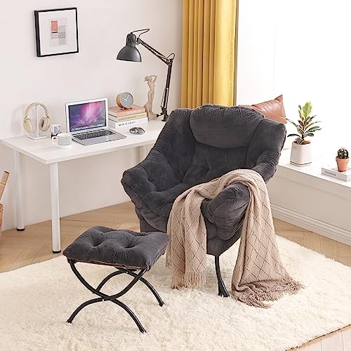 Lazy Chair with Ottoman, Comfy Reading Accent Chair, Plush Navy - color: Plush-navy