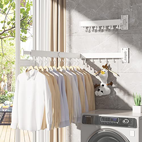 Clothes Drying Rack,Laundry Drying rack,Wall Mounted Clothes Rack,Clothes Hanging Rack,Laundry Rack Wall Mount,Folding Retractable Collapsible Drying Rack Clothing (Three-Poles,J Hooks,White) - size: White/J-Shape Hooks