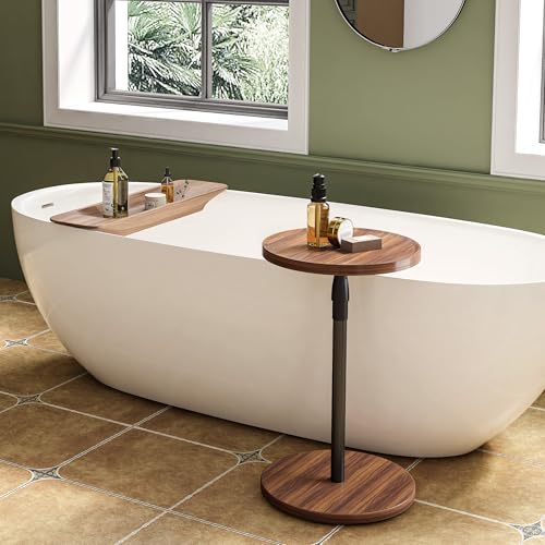 Adjustable Round Side Table, Pedestal Drink Table for Small Spaces | Small End Table, Tall Round Nightstand for Living Room Bedroom Brown ET-010BR - color: Brown