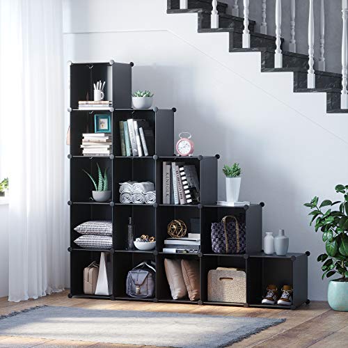 C&AHOME 16 Cube Storage Organizer Cube Shelves Units Storage Cubes, Black | Plastic DIY Closet Organizer, Stackble Modular Closet Storage Shelves Ideal for Home, Bedroom, 48.4" L × 12.4" W × 48.4" H - color: Black