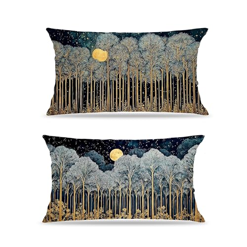 William Morris Inspired Night Moon Forest Throw Pillow Cover 12x20 Set of 2, Dark Cottagecore Botanical Nature Landscape Decorative Lumbar Pillow Cover Case for Home Living Room Bedroom - color: Forest Moon and Starsl-2