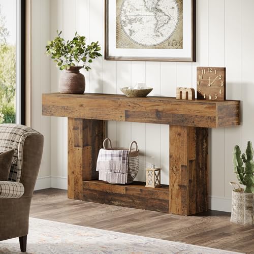 Tribesigns 63" Console Table, Farmhouse 2-Tier Entryway Table with U-Shaped Base, Narrow Long Wood Sofa Table Behind Couch Table for Living Room, Hallway, Foyer, Mix Brown - color: Mix Brown