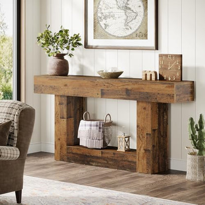Tribesigns 63" Console Table, Farmhouse 2-Tier Entryway Table with U-Shaped Base, Narrow Long Wood Sofa Table Behind Couch Table for Living Room, Hallway, Foyer, Mix Brown - color: Mix Brown