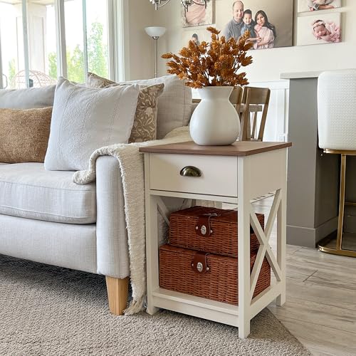 PHI VILLA End Table Living Room Set of 2, White Bedside Table with Drawers | Wood Side Table with Drawer, Farmhouse Bed Side Tables Living Room, Rustic Nightstand for Bedroom, Small Couch Table - color: Ivory 1