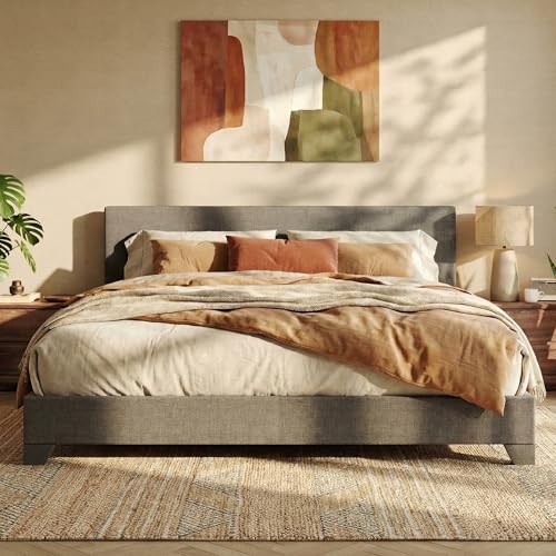 SHA CERLIN Linen Upholstered King Size Bed Frame with Headboard, Dark Gray | Adjustable Low-Profile Platform Bed, Minimalist Design, Stable Mattress Foundation, Strong Back-Support, No Box Spring Needed - color: Dark Grey, size: King