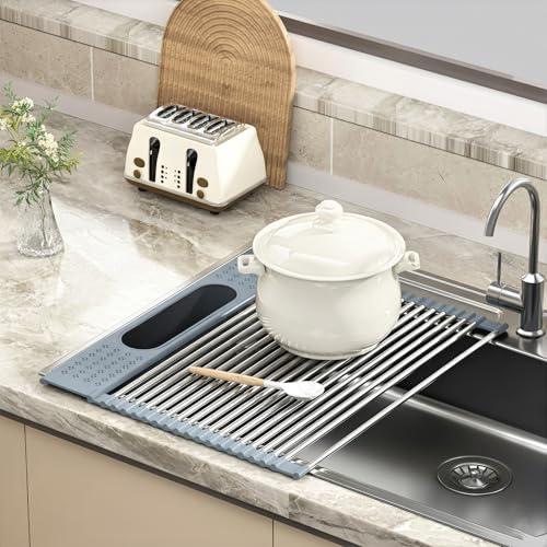 Roll Up Dish Drying Rack Over Sink, 17.5" x 15.2" Foldable SUS304 Stainless Steel Kitchen Dish Drainer, Heat-Resistant Multipurpose Rolling Sink Rack Organizer,Grey - size: Grey（17.5" X 15.2"）