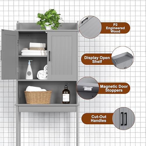 Yardenaler Over-The-Toilet Storage Shelf with Doors, Bathroom Freestanding Organizer Space Saver with Adjustable Shelf, Gray - color: Grey