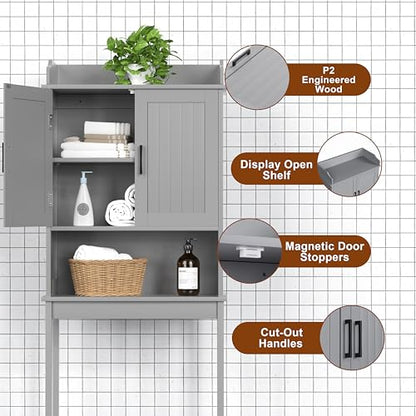 Yardenaler Over-The-Toilet Storage Shelf with Doors, Bathroom Freestanding Organizer Space Saver with Adjustable Shelf, Gray - color: Grey