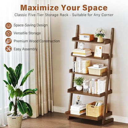 CozyDH Wooden Ladder Shelf, Walnut Bookshelf 5-Tier for Saving Space,Ladder Bookshelf Storage for Living Room, Bedroom, Home Office,23.6''Dx15.7''Wx55.1''H - color: Walnut