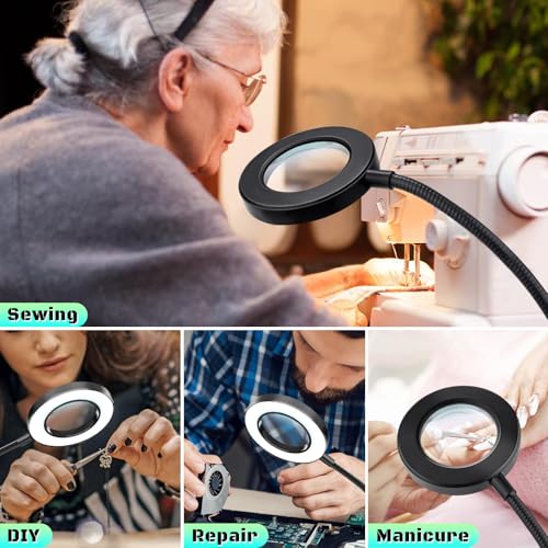 10X Magnifying Glass with Light, Clip on Mganifier with Light, 48 LED Desk Magnifying Glass wtih Clamp, 3 Modes Dimmable Magnifying LED Lamps for Bed Work Crafts DIY Repair Black - color: Black