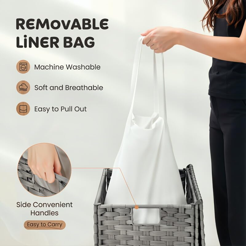 Laundry Hamper with Lid, 90L Foldable Laundry Basket with Removable Liner Bags, Handwoven Synthetic Rattan Clothes Hamper for Bathroom, Bedroom, Laundry Room, Grey - color: Grey-90L