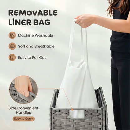 Laundry Hamper with Lid, 90L Foldable Laundry Basket with Removable Liner Bags, Handwoven Synthetic Rattan Clothes Hamper for Bathroom, Bedroom, Laundry Room, Grey - color: Grey-90L