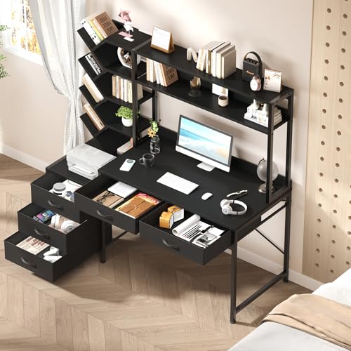 52" Computer Desk with Bookshelf, 5 Drawers ＆ Hutch for Bedroom | Black Office Desk with Printer Shelf, Study Writing Desk with Storage Shelves - color: Black