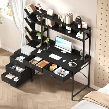 52" Computer Desk with Bookshelf, 5 Drawers ＆ Hutch for Bedroom | Black Office Desk with Printer Shelf, Study Writing Desk with Storage Shelves - color: Black