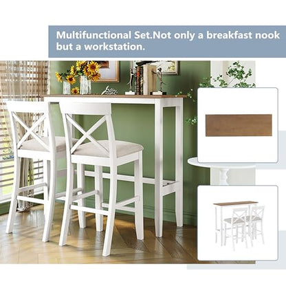 3 Piece Counter Height Dining Table Bar Table Set with 2 Chairs, Small Kitchen Table Breakfast Nook for 2, Good for Bar or Small Space, Brown White - color: Brown White