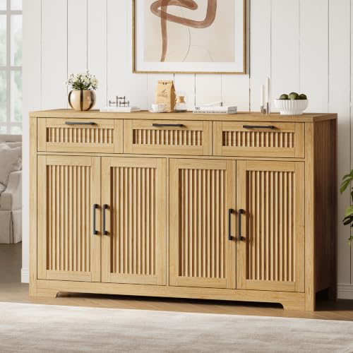 55" Fluted Buffet Sideboard Cabinet with Storage, Kitchen Buffet Table | Console Cabinet with 3 Drawers & 4 Doors, Wood Coffee Bar Console Table with Adjustable Shelf for Living Room, Black - color: Natural Oak, size: 4 Doors & 3 Drawers
