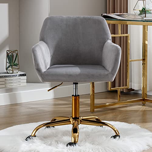 Velvet Makeup Vanity Chair,Home Office Desk Chair with Wheels, Gray | Fluffy Swivel Modern Armchair Upholstered Fuzzy Height Adjustable for Teens Women Girls Elegant for Living Room Bedroom - color: Grey