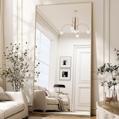 80" x 40" Oversized Full Length Mirror with Stand, Gold | Standing/Leaning/Wall Mounted Large Full Body Floor Mirror for Bedroom, Living Room, Entryway with Aluminum Alloy Frame - color: Gold, size: 80"L x 40"W