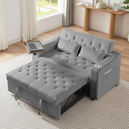 3-in-1 Convertible Sleeper Sofa Bed, Pullout Couch with 360° Swivel Side Table, Modern Chenille Fabric, Easy to Assemble, Folding Loveseat Sofa Bed for Living Room & Guest Room - color: Grey Sofa Bed