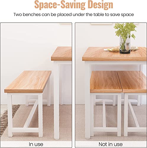 Dining Room Table Set with 2 Benches, Farmhouse Dining Table Set for 4, Wood Breakfast Dinner Table Set for Breakfast Nook Small Spaces, Beige - color: Oak