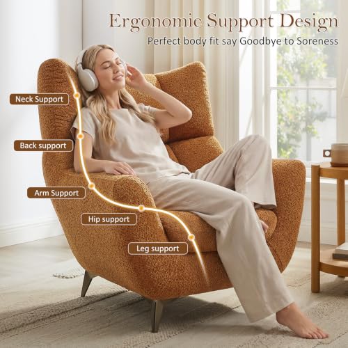 34.6" Oversized Accent Chair with WingBack, Teddy Boucle Curry | High Back, Wide Armrests, Metal Legs, Cozy Deep Seat Armchair , Reading Chair for Living Room, Bedroom, Apartment, Office - color: Curry, size: Set of 1