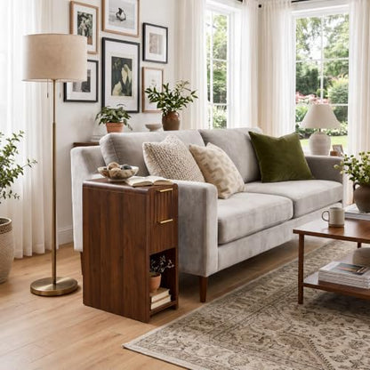 Fluted Slim Side Table with 2 Drawers and Bottom Open Shelf, Skinny End Table with Gold Handles, Walnut Narrow Accent Table for Living Room Bedroom