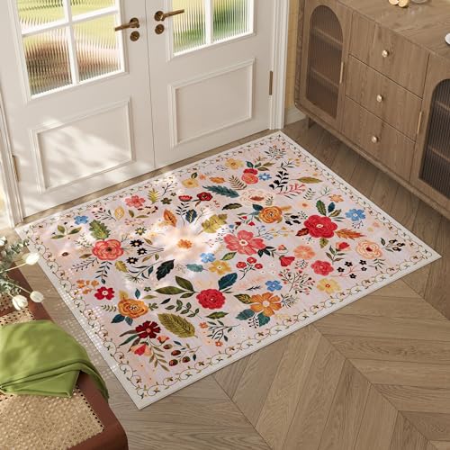 Rugcomf Door Mat Indoor Entrance 2x3 Rug Machine Washable Boho Floral Small Area Rug Non-Slip Low Pile Throw Rugs for Entryway, Kitchen, Front Door Indoor Entrance, Entry, Kids Room (Beige) - color: Beige, size: 2' x 3' (Rectangular)
